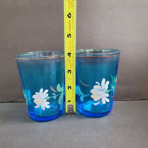 Vintage Blue Glass Juice Glasses With Hand-Painted Floral Design - Picture 10 of 10